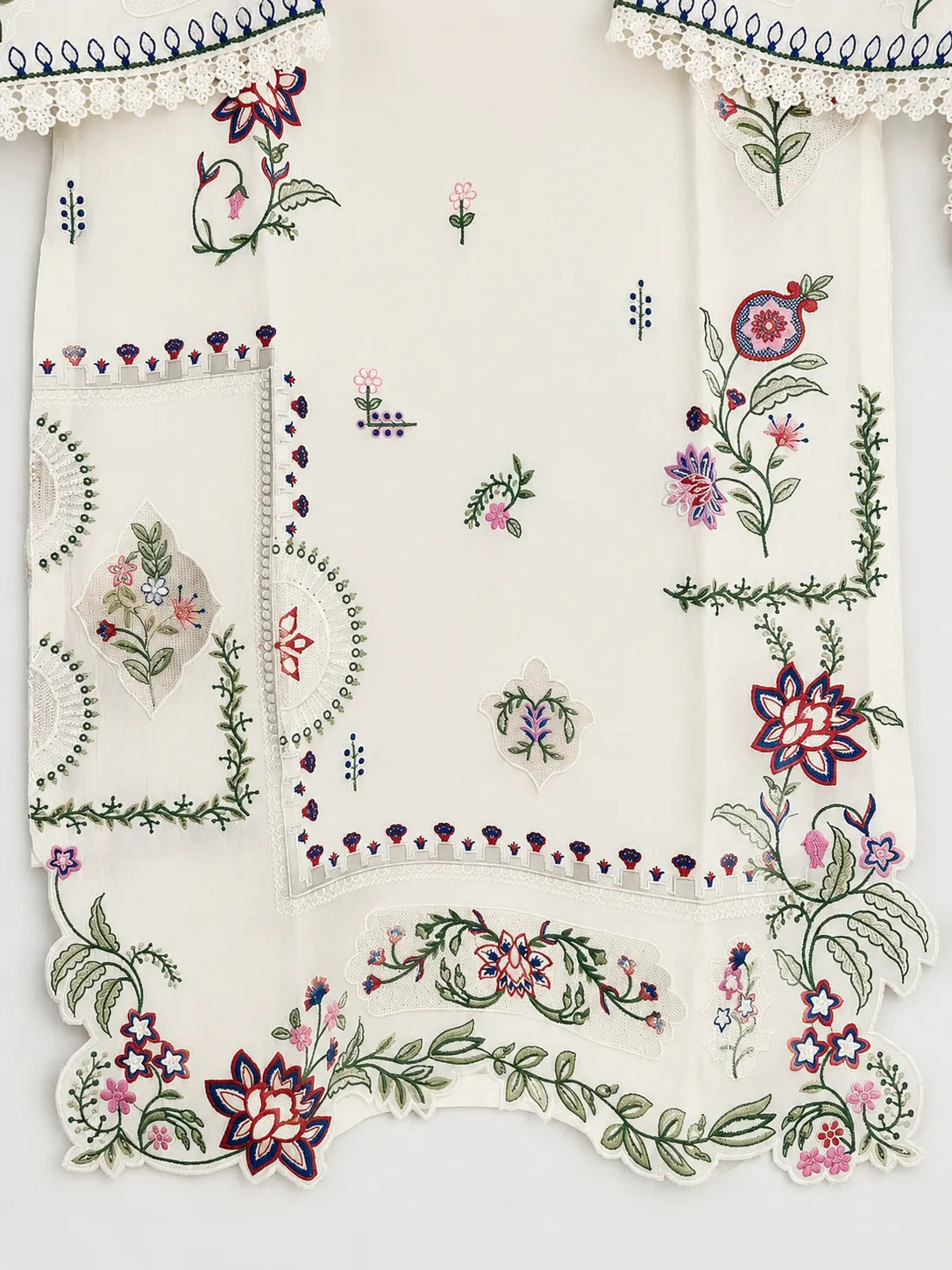 Off-White Floral Multi-Color Embroidered Lawn 3-Piece Stitched Long Suit with Imported Bamber Dupatta