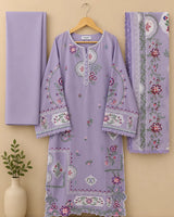 Lilac Colorful Floral Embroidered Long 3-Piece Stitched Lawn Suit with Scalloped Border & Embroidered Dupatta