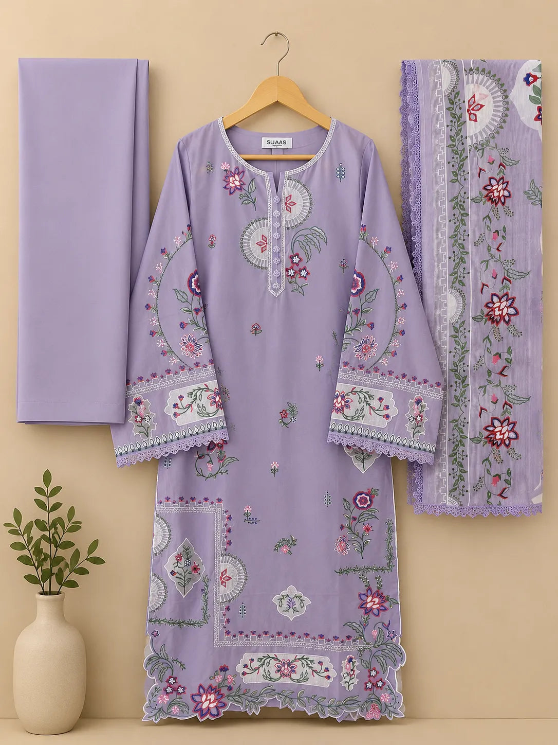 Lilac Colorful Floral Embroidered Long 3-Piece Stitched Lawn Suit with Scalloped Border & Embroidered Dupatta