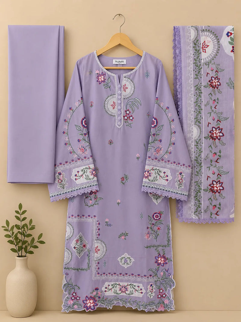 Lilac Colorful Floral Embroidered Long 3-Piece Stitched Lawn Suit with Scalloped Border & Embroidered Dupatta