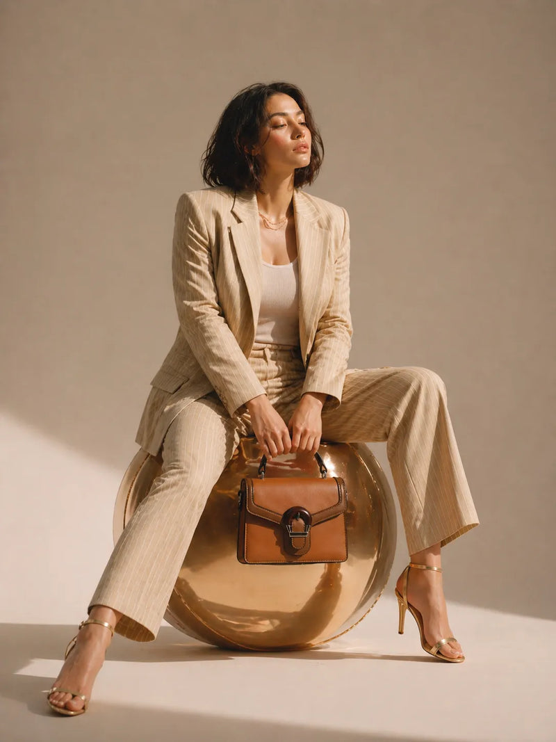 Two-Tone Light & Dark Brown Top-Handle Satchel Bag | Buckle Crossbody Purse