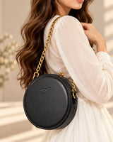 Black Round Circle Canteen Bag | Gold Chain Strap & Ornamental Clasp Crossbody Purse