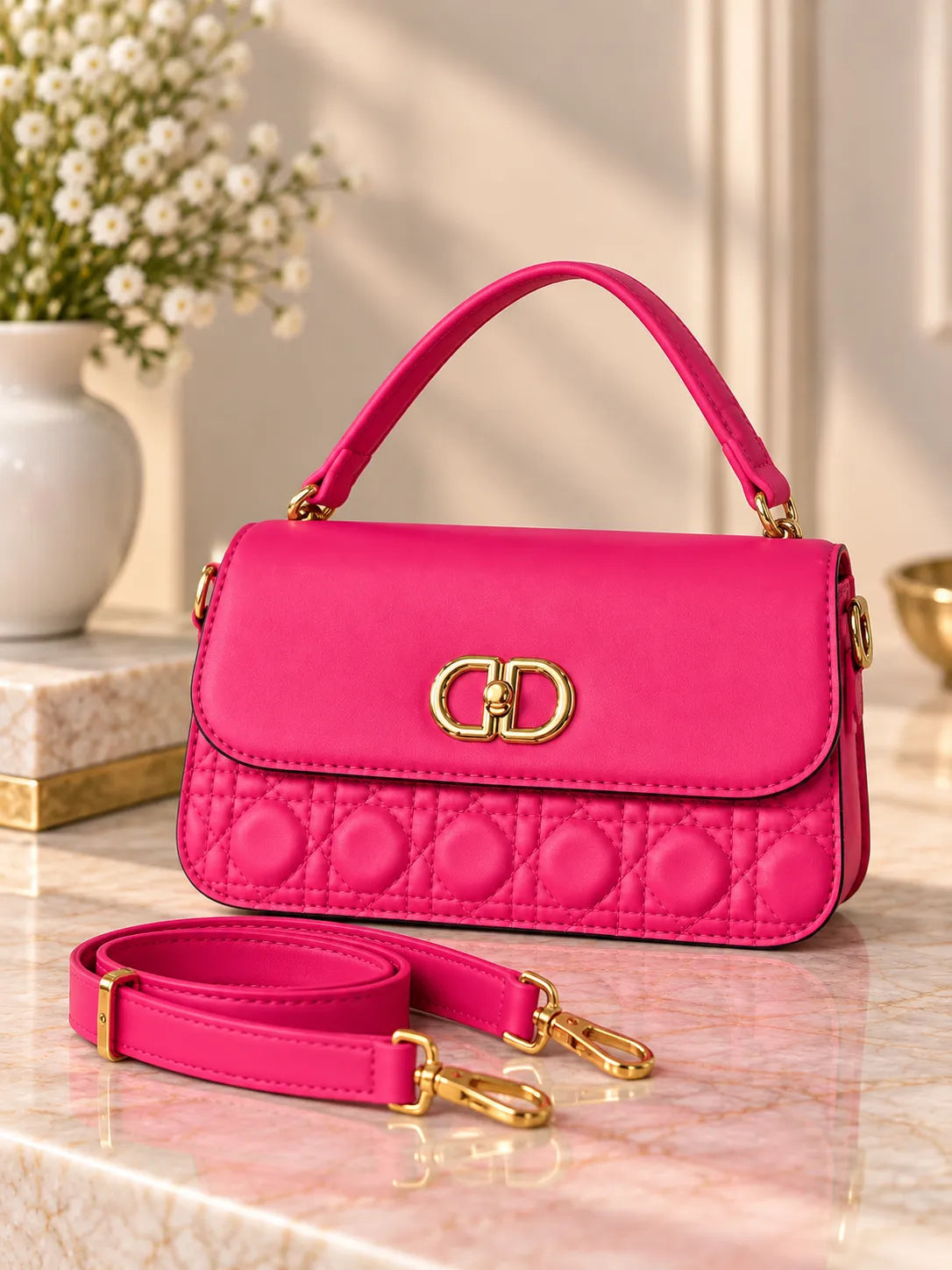 Shocking Pink Cannage Quilted Top Handle Bag | Gold Hardware Crossbody Purse