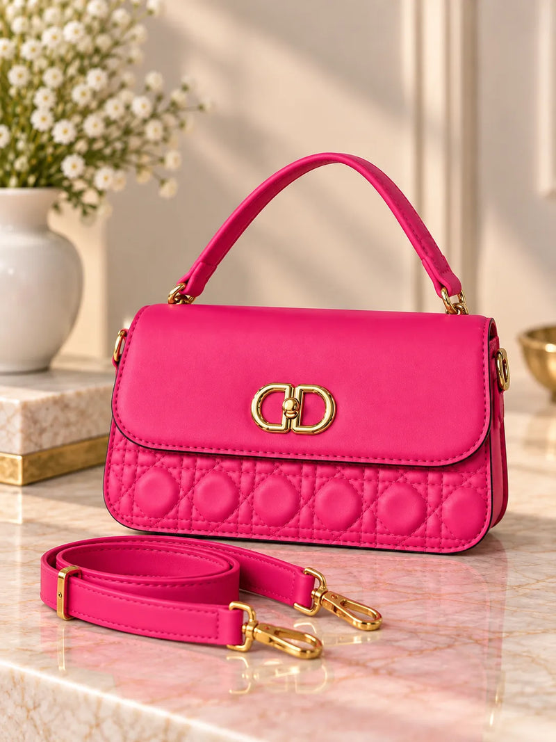 Shocking Pink Cannage Quilted Top Handle Bag | Gold Hardware Crossbody Purse