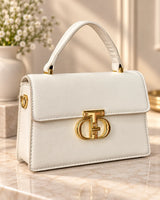 Off-White Top Handle Mini Flap Bag | Gold Double-Oval Logo Clasp Purse