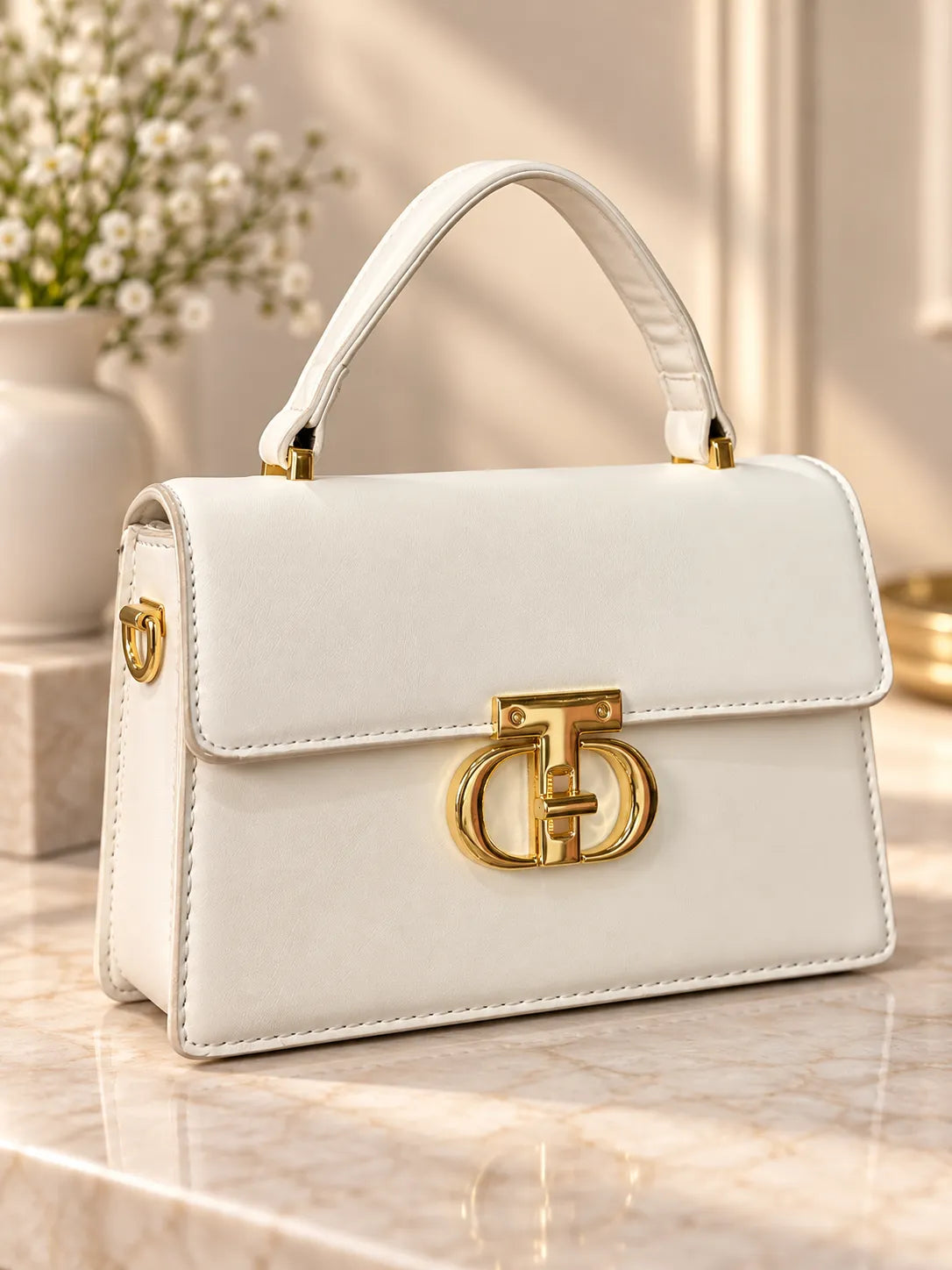 Off-White Top Handle Mini Flap Bag | Gold Double-Oval Logo Clasp Purse