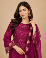 Plum Magenta Floral Embroidered Long 3-Piece Stitched Suit with Organza Dupatta & Trousers