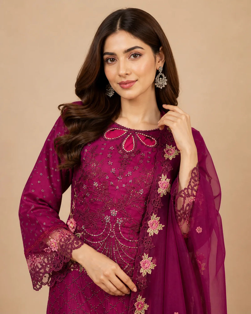 Plum Magenta Floral Embroidered Long 3-Piece Stitched Suit with Organza Dupatta & Trousers