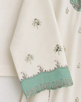 Off-White & Sea Green Ambi Paisley Embroidered Lawn 3-Piece Stitched Suit with Pearl Neckline & Printed Dupatta