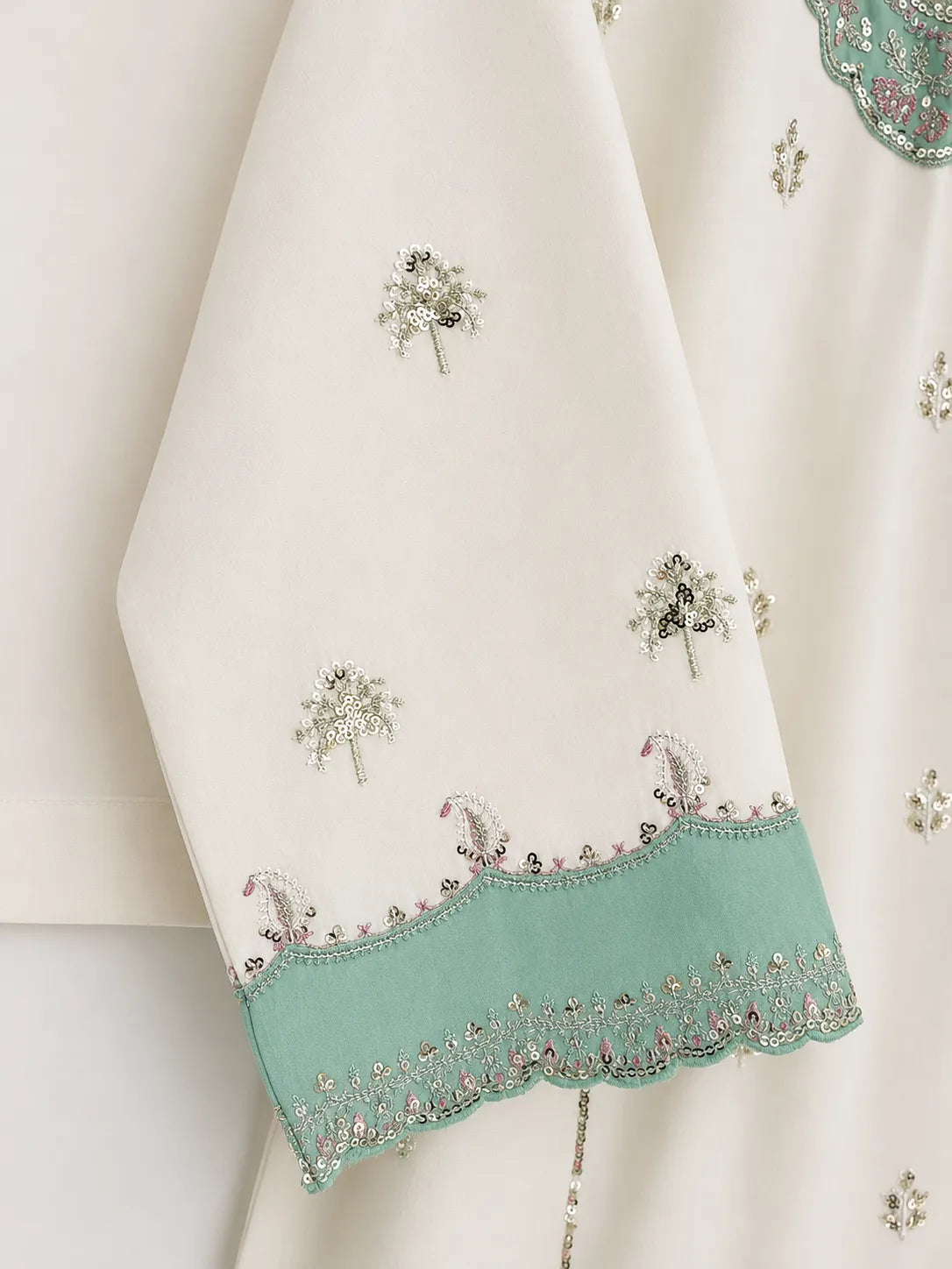 Off-White & Sea Green Ambi Paisley Embroidered Lawn 3-Piece Stitched Suit with Pearl Neckline & Printed Dupatta