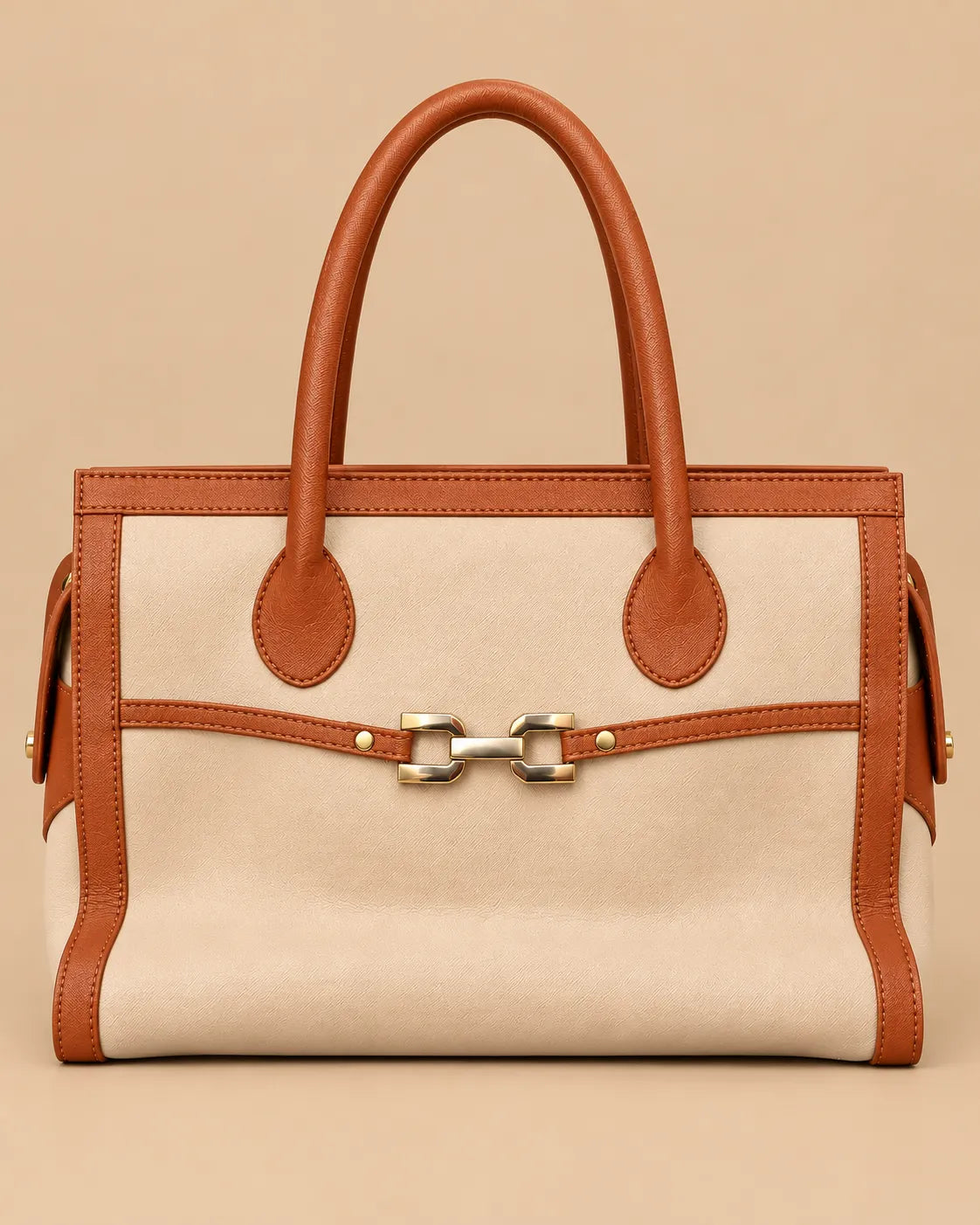 Skin Beige & Tan Brown Two-Tone Large Structured Tote Bag | Shoulder Work Purse