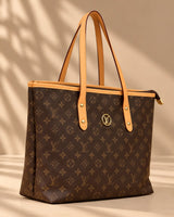 Brown Monogram Tote Bag with Tan Handles & Matching Pouch | Sufaab