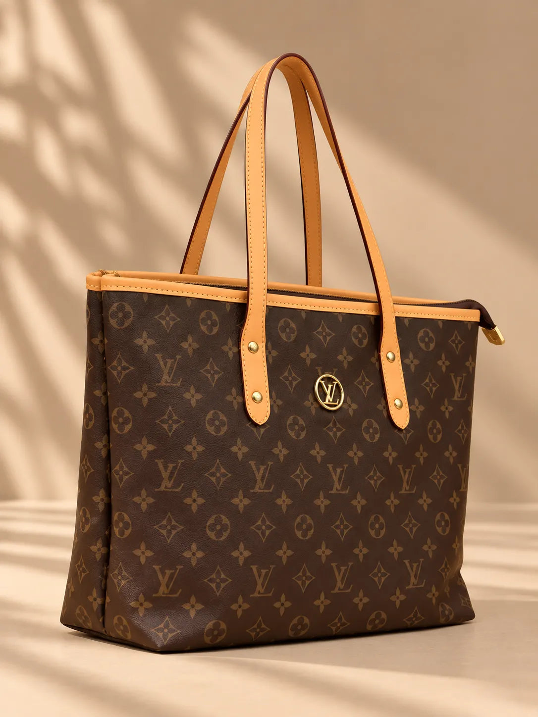 Brown Monogram Tote Bag with Tan Handles & Matching Pouch | Sufaab