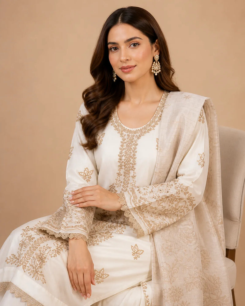 Off-White & Gold Embroidered Lawn 3-Piece Stitched Suit with Organza Cutwork Hem & Embroidered Dupatta