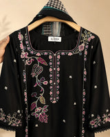 Black Long Embroidered 3-Piece Stitched Suit with Purple Floral Work & Printed Dupatta