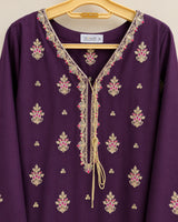 Deep Plum Purple Embroidered Rounded Kameez 3-Piece Stitched Lawn Suit with Embroidered Plazo & Doriya Dupatta