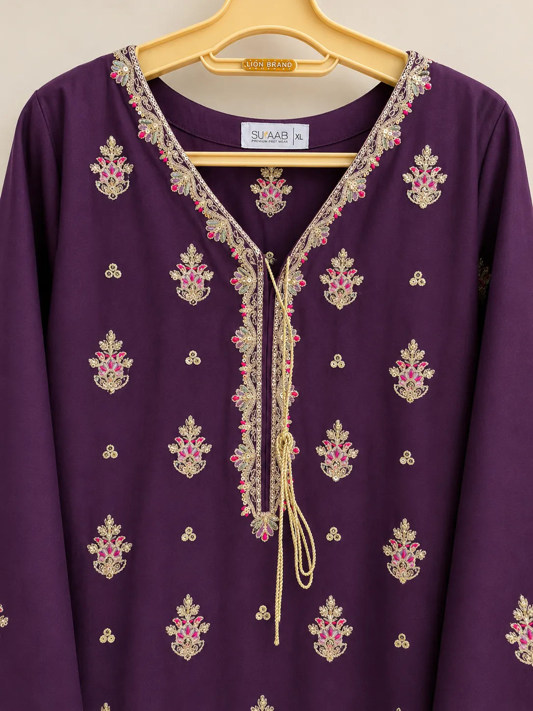 Deep Plum Purple Embroidered Rounded Kameez 3-Piece Stitched Lawn Suit with Embroidered Plazo & Doriya Dupatta