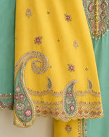 Mustard Yellow & Sea Green Embroidered Lawn 3-Piece Stitched Short Suit with Plazo & Doriya Dupatta