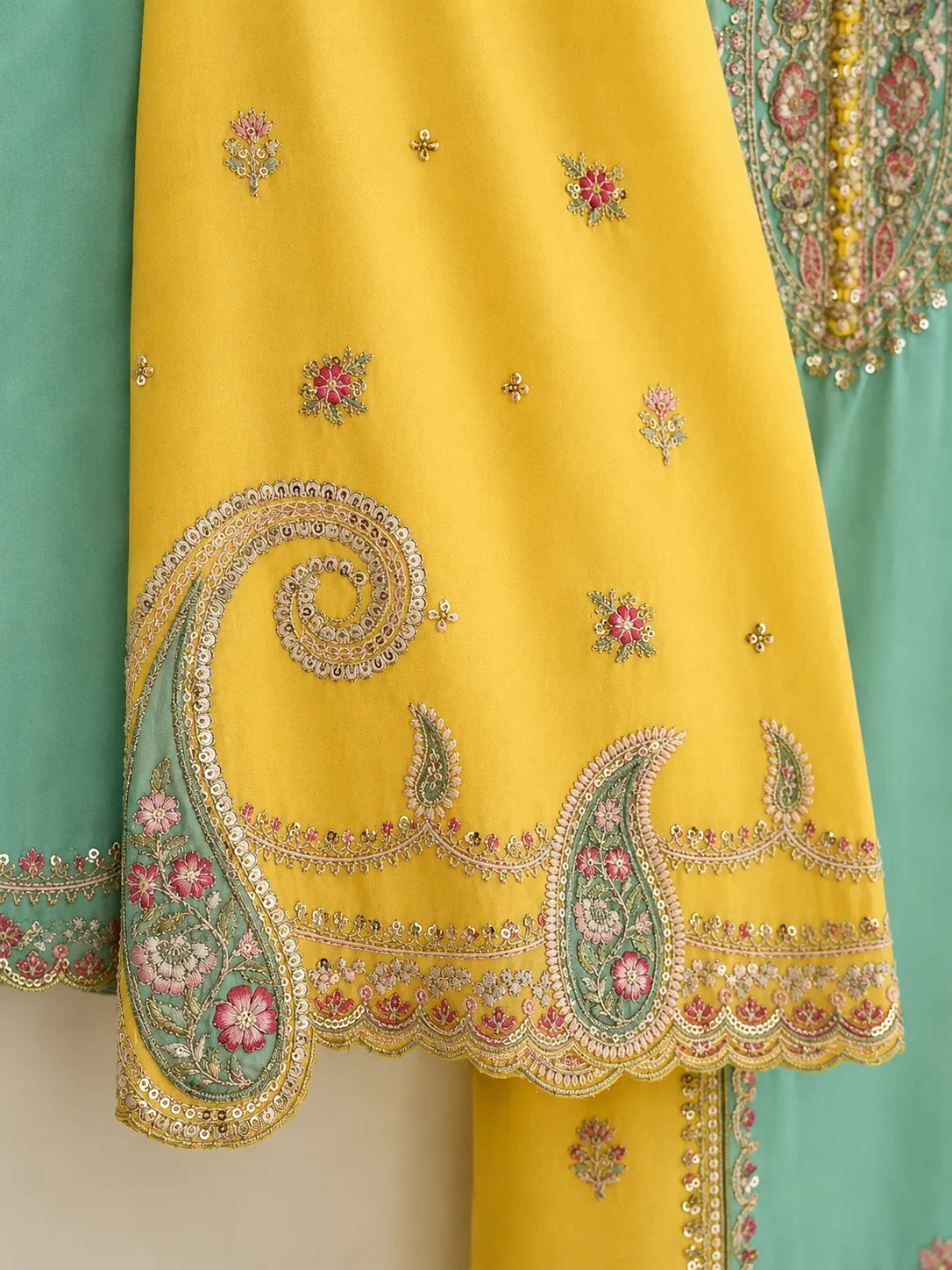 Mustard Yellow & Sea Green Embroidered Lawn 3-Piece Stitched Short Suit with Plazo & Doriya Dupatta