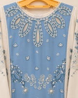 Off-White & Ink Blue Embroidered Lawn 3-Piece Stitched Long Suit with Organza Sleeves & Printed Chiffon Dupatta