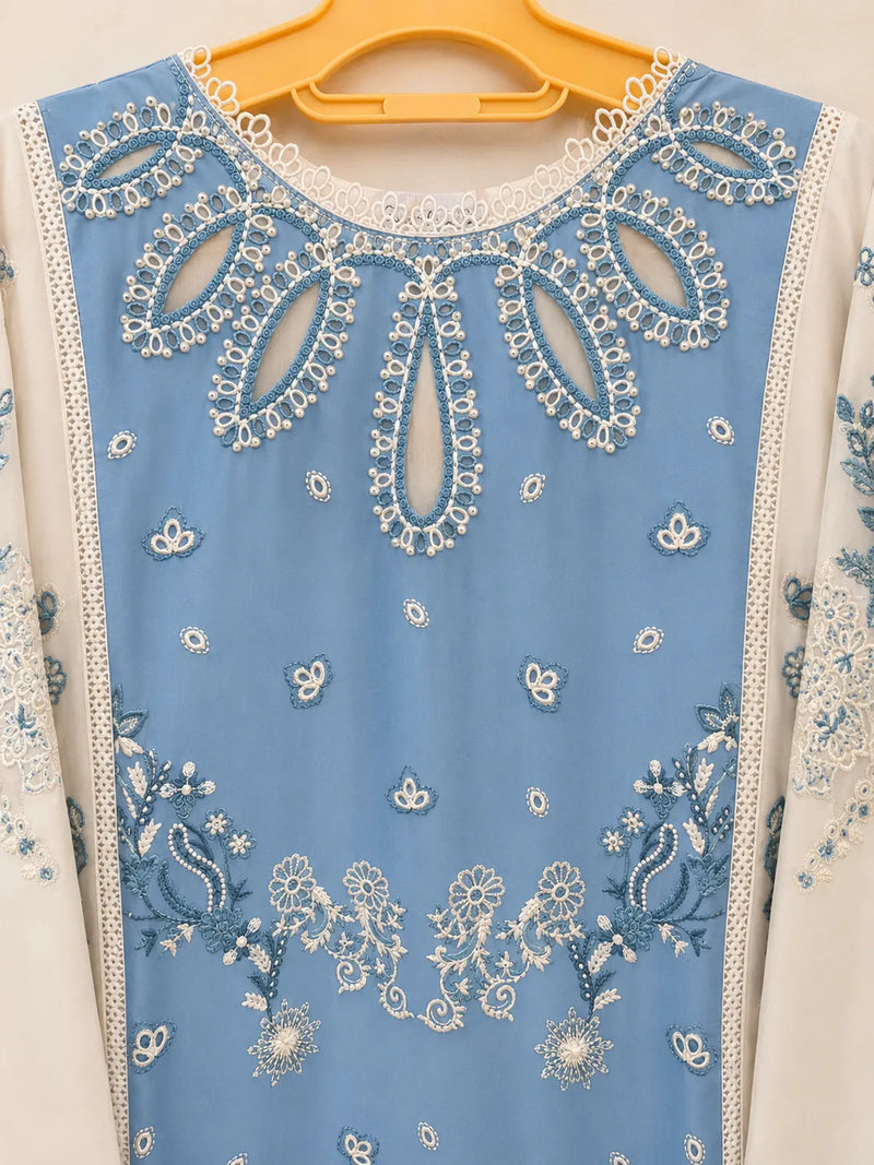 Off-White & Ink Blue Embroidered Lawn 3-Piece Stitched Long Suit with Organza Sleeves & Printed Chiffon Dupatta