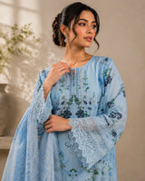 Powder Blue Floral Embroidered Long Cutwork 3-Piece Stitched Suit with Pearl Neckline & Organza Dupatta
