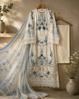 Off-White / Ivory Floral Embroidered Long Cutwork 3-Piece Stitched Suit with Blue Embroidery & Organza Dupatta