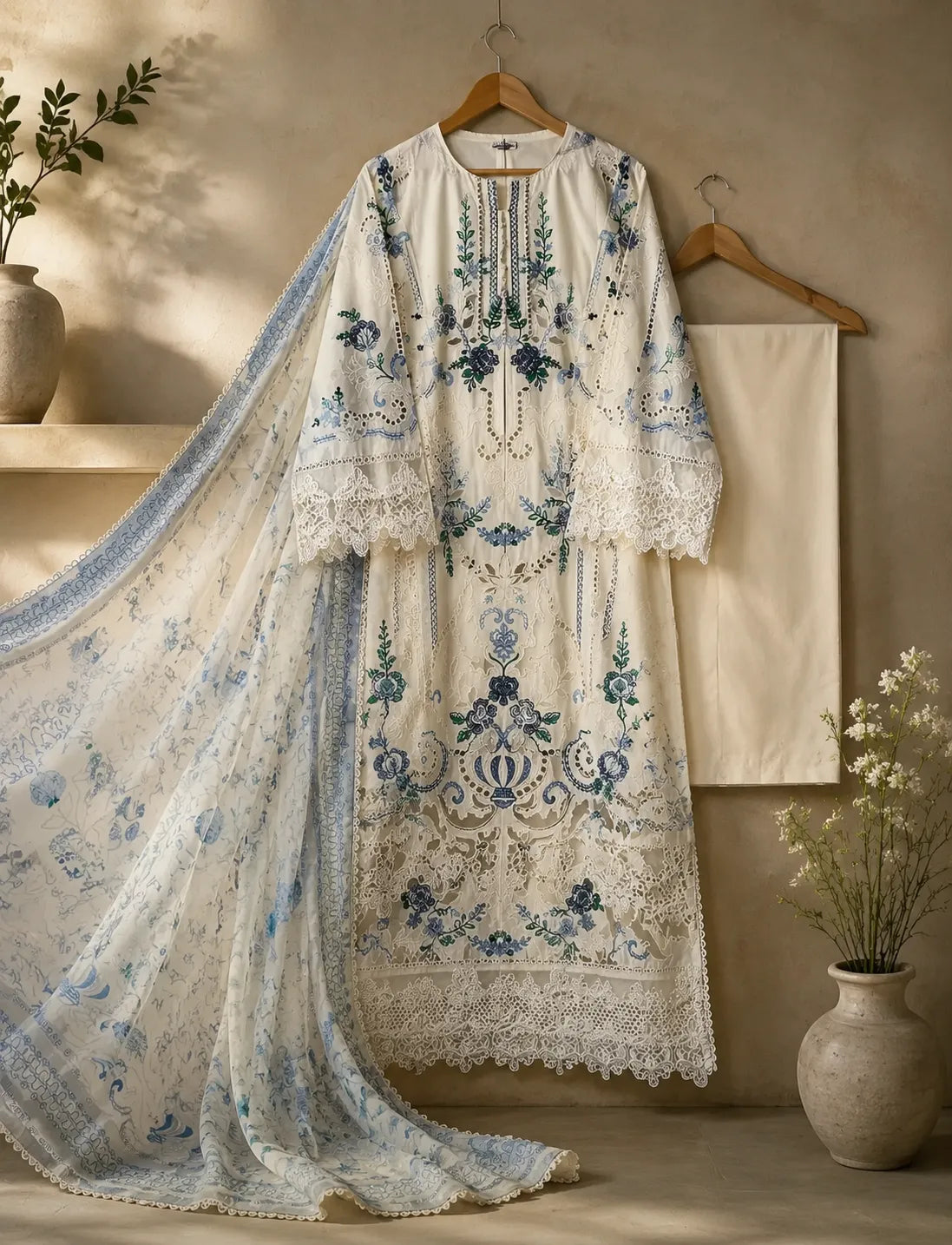 Off-White / Ivory Floral Embroidered Long Cutwork 3-Piece Stitched Suit with Blue Embroidery & Organza Dupatta