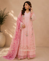 Light Pink Floral Embroidered Long 3-Piece Stitched Lawn Suit with Organza Trouser Patch & Floral Dupatta