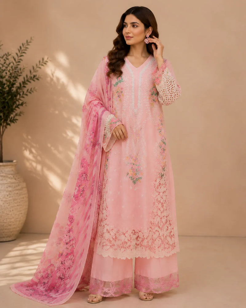 Light Pink Floral Embroidered Long 3-Piece Stitched Lawn Suit with Organza Trouser Patch & Floral Dupatta