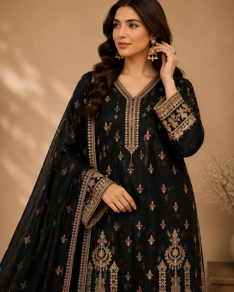 Black Embroidered Short Shirt 3-Piece Stitched Suit with Wide-Leg Pants & Dupatta