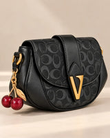 Black Monogram V-Buckle Shoulder Bag | Curved Flap Purse with Red Cherry Charm