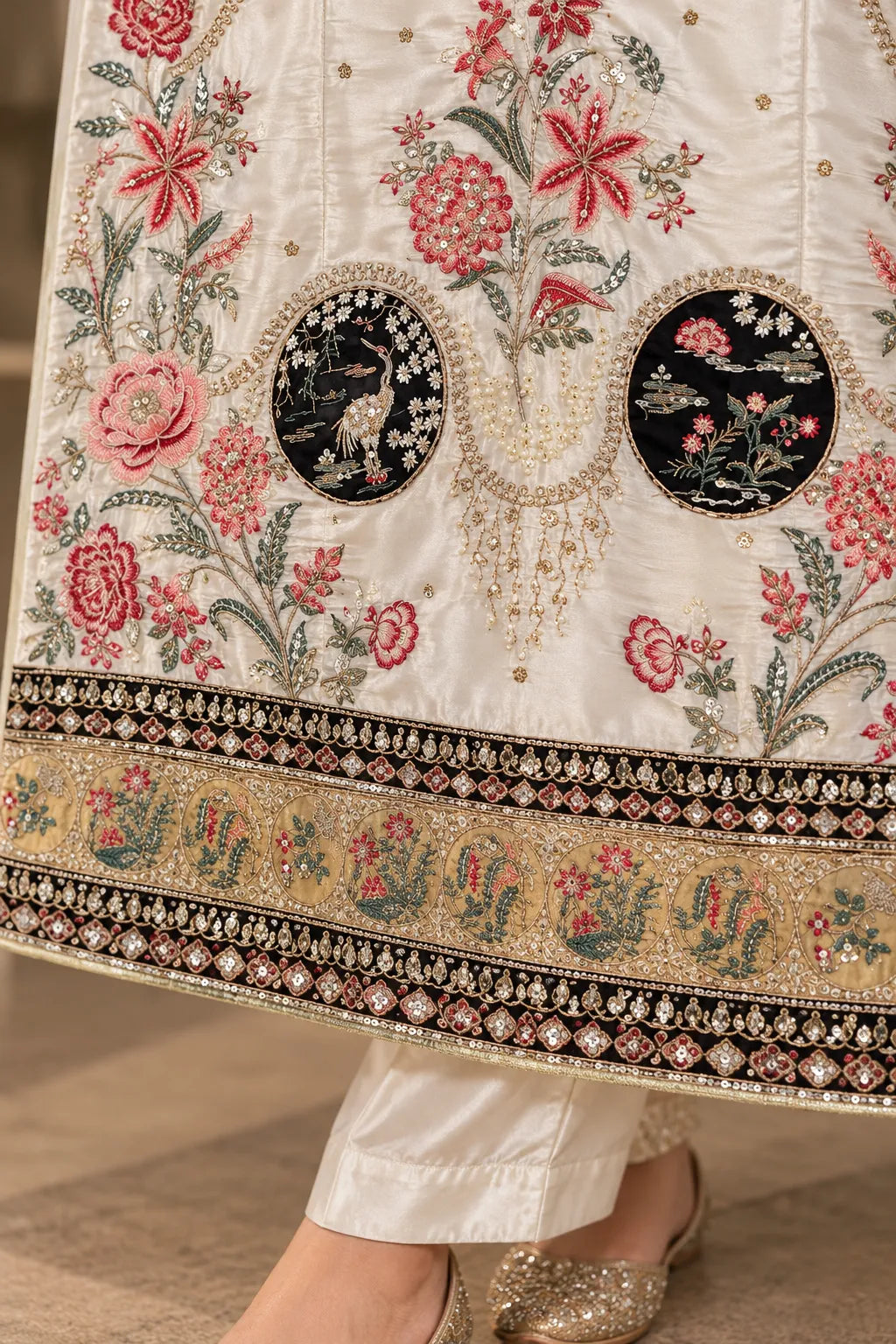 Ivory White & Black Silk Embroidered Pakistani 3-Piece Suit with Dupatta | Sufaab