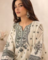 Off-White & Black Schiffli Embroidered Lawn 3-Piece Stitched Suit with Cutwork Hem & Embroidered Dupatta