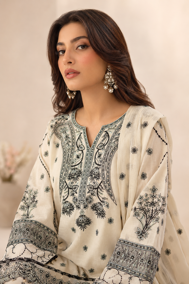 Off-White & Black Schiffli Embroidered Lawn 3-Piece Stitched Suit with Cutwork Hem & Embroidered Dupatta