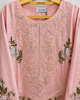 Baby Pink Floral Embroidered Long 3-Piece Stitched Lawn Suit with Chiffon Dupatta & Plain Trouser