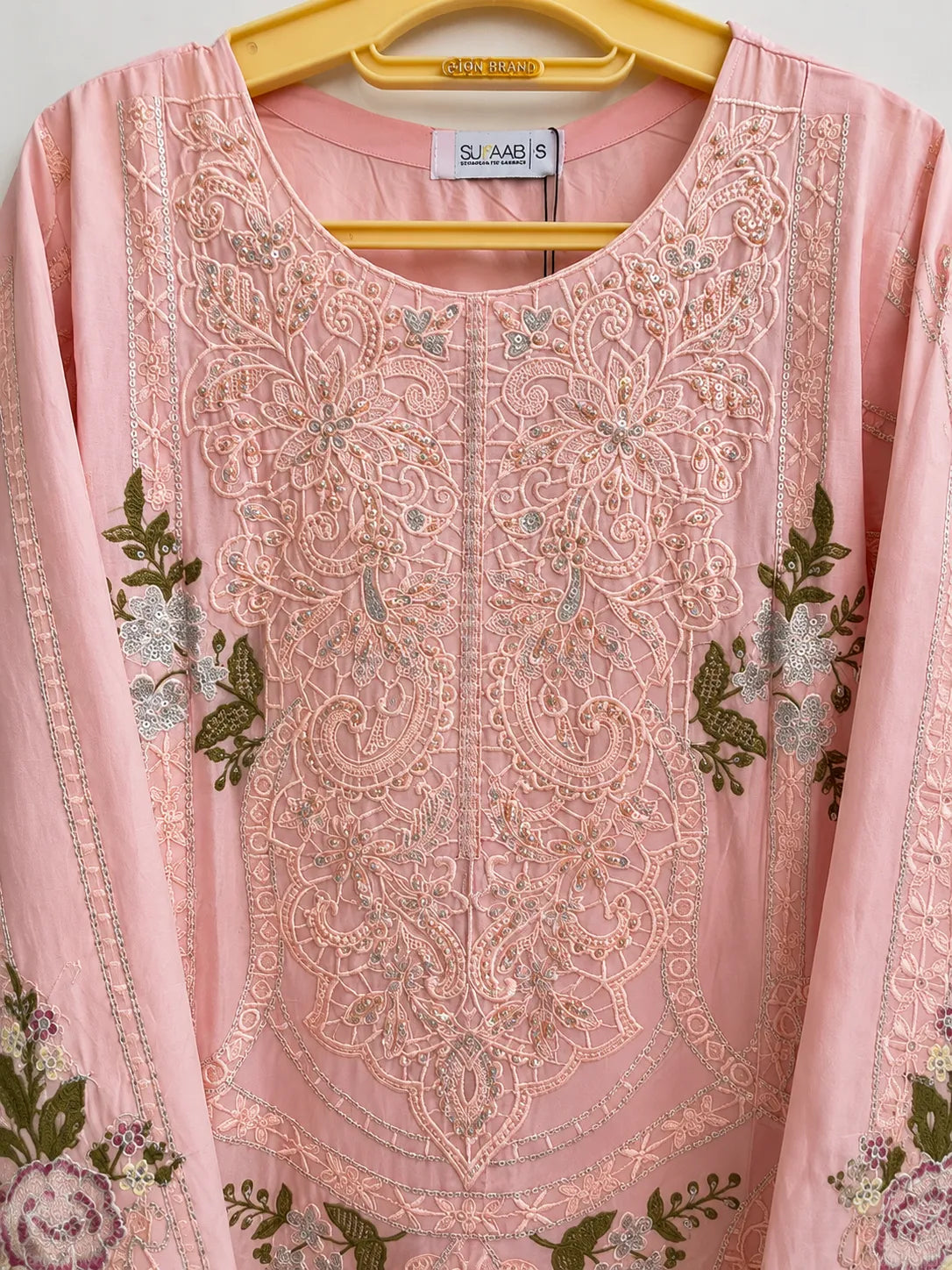 Baby Pink Floral Embroidered Long 3-Piece Stitched Lawn Suit with Chiffon Dupatta & Plain Trouser