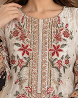 Ivory White & Black Silk Embroidered Pakistani 3-Piece Suit with Dupatta | Sufaab
