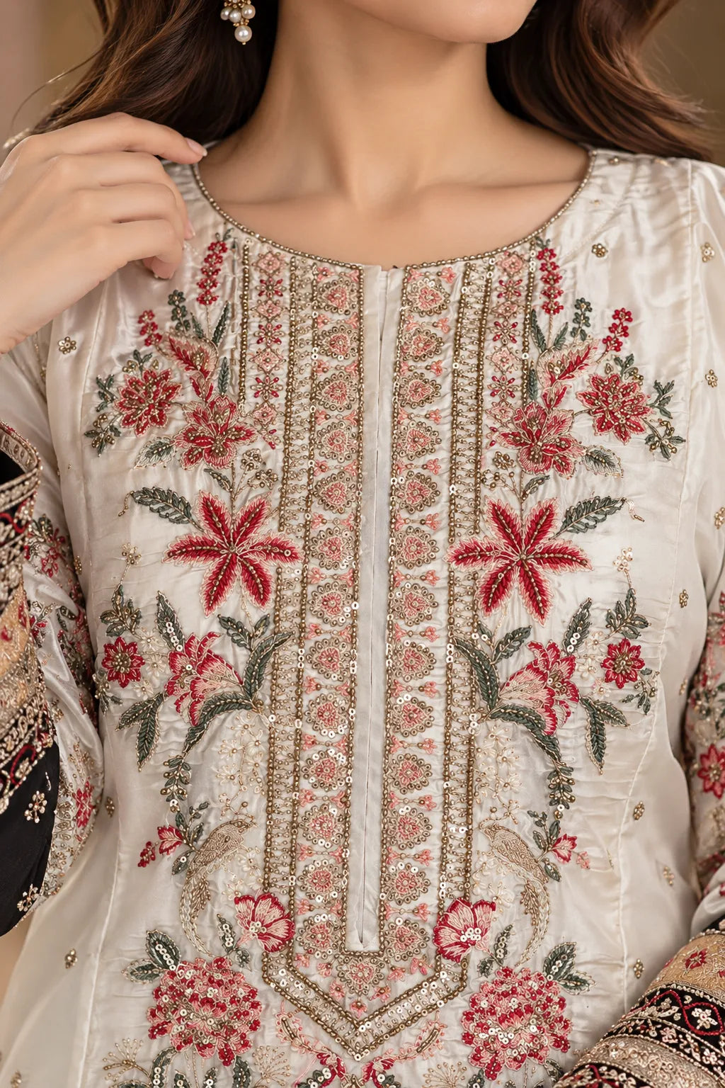 Ivory White & Black Silk Embroidered Pakistani 3-Piece Suit with Dupatta | Sufaab