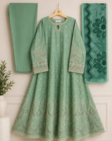 Pistachio Mint Green Embroidered Lawn Frock 3-Piece Stitched Suit with Chiffon Dupatta & Plain Trousers