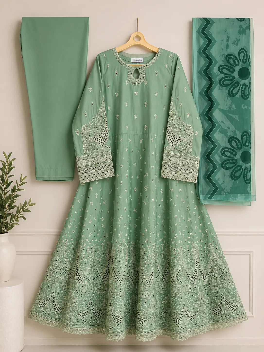 Pistachio Mint Green Embroidered Lawn Frock 3-Piece Stitched Suit with Chiffon Dupatta & Plain Trousers