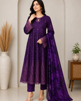 Deep Plum Purple Embroidered Lawn Frock 3-Piece Stitched Suit with Printed Chiffon Dupatta