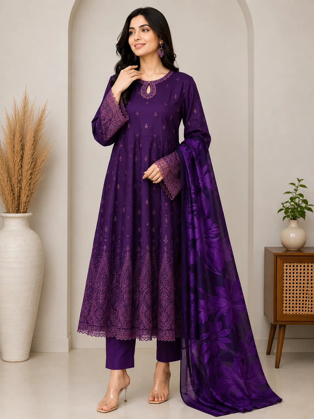 Deep Plum Purple Embroidered Lawn Frock 3-Piece Stitched Suit with Printed Chiffon Dupatta