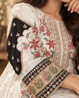Ivory White & Black Silk Embroidered Pakistani 3-Piece Suit with Dupatta | Sufaab