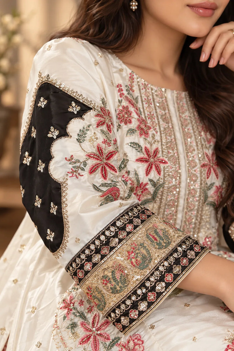 Ivory White & Black Silk Embroidered Pakistani 3-Piece Suit with Dupatta | Sufaab
