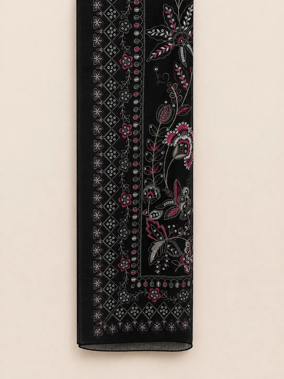 Black Embroidered Long Shirt 3-Piece Stitched Suit with Neckline Tassels & Bamber Dupatta