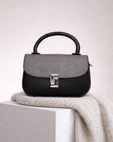 Two-Tone Black & Grey Top-Handle Leather Satchel Bag | Crossbody Shoulder Purse