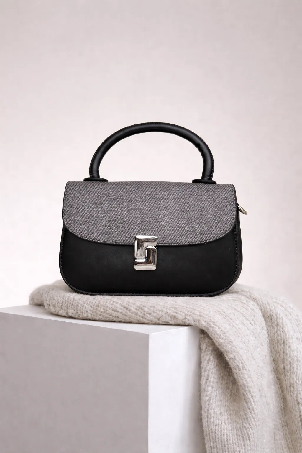 Two-Tone Black & Grey Top-Handle Leather Satchel Bag | Crossbody Shoulder Purse