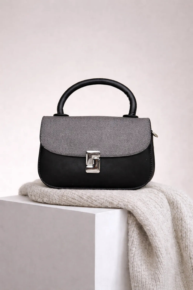 Two-Tone Black & Grey Top-Handle Leather Satchel Bag | Crossbody Shoulder Purse