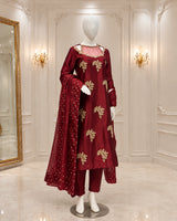 Burgundy Maroon Embroidered Formal 3-Piece Suit